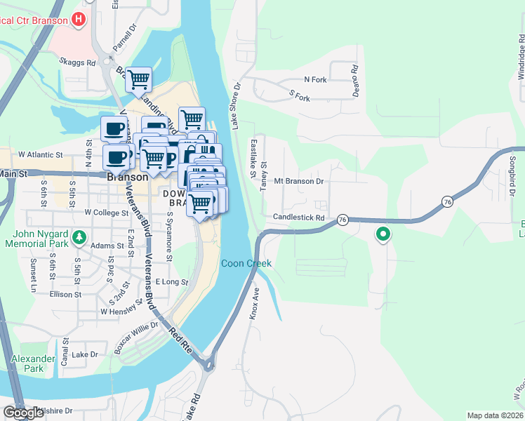 map of restaurants, bars, coffee shops, grocery stores, and more near 220 Angels Trail in Branson