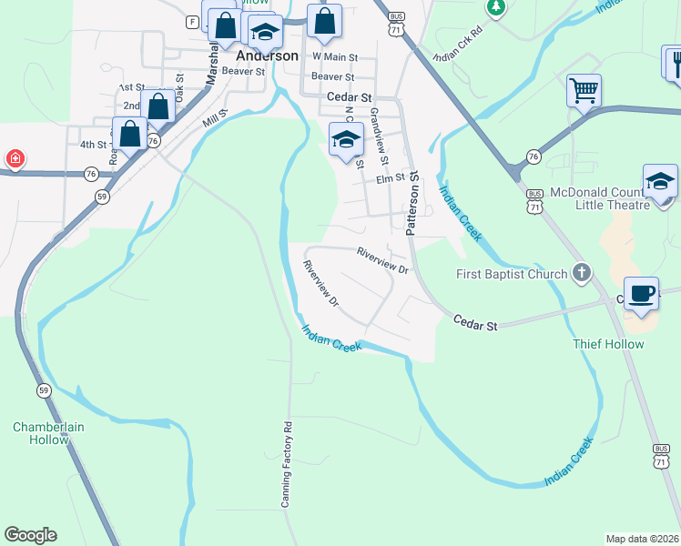 map of restaurants, bars, coffee shops, grocery stores, and more near 107 Kyle Drive in Anderson