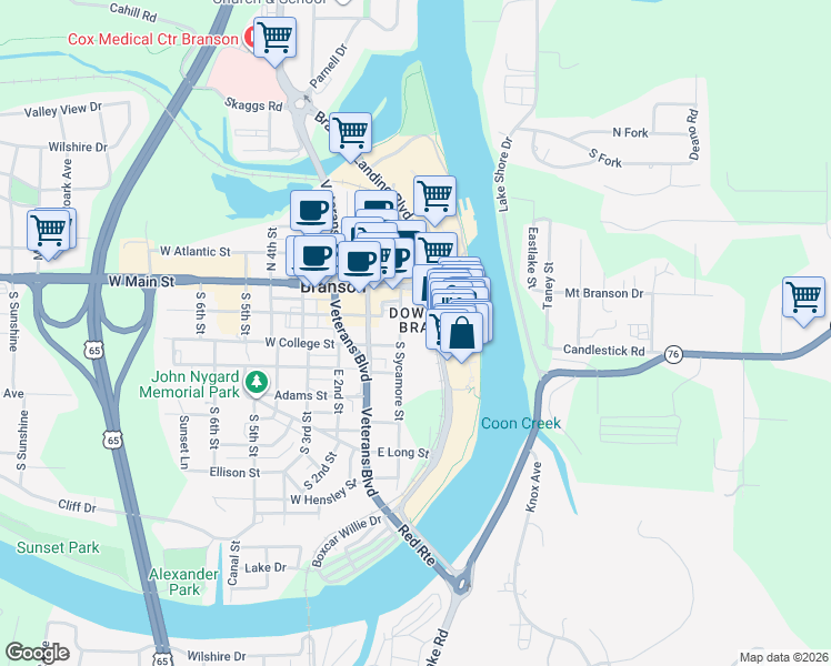 map of restaurants, bars, coffee shops, grocery stores, and more near 109 Branson Landing Boulevard in Branson