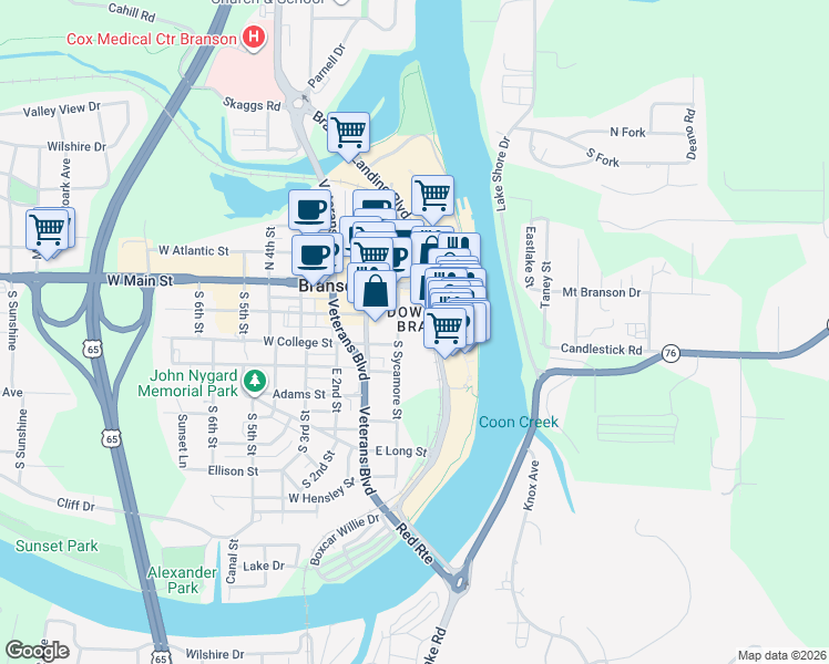 map of restaurants, bars, coffee shops, grocery stores, and more near 109 Branson Landing Boulevard in Branson