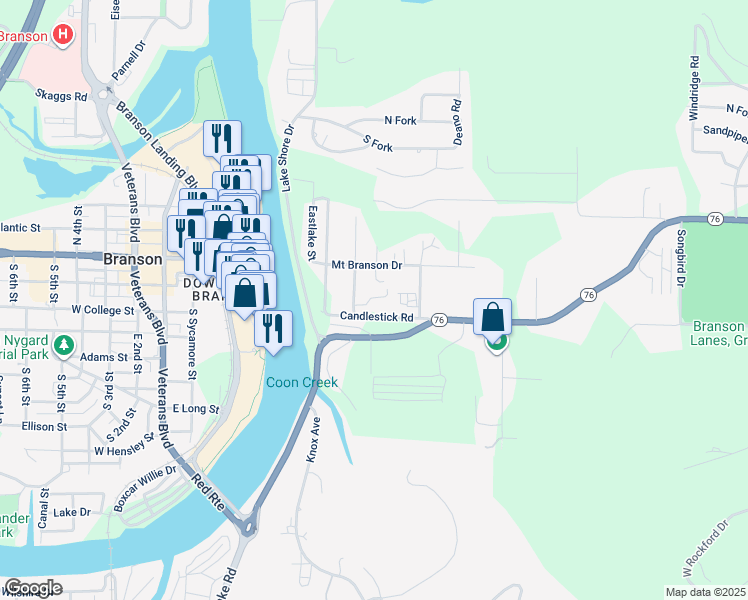 map of restaurants, bars, coffee shops, grocery stores, and more near 157-261 Candlestick Road in Branson
