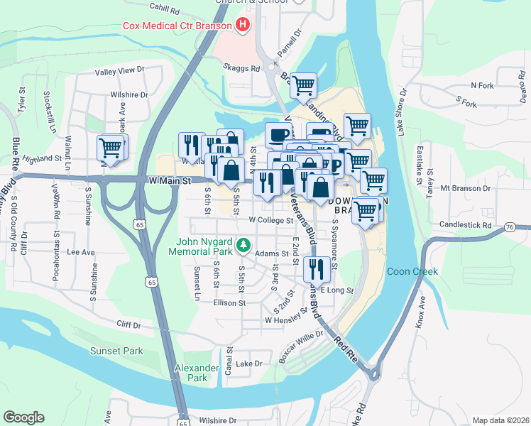 map of restaurants, bars, coffee shops, grocery stores, and more near 314 South 4th Street in Branson
