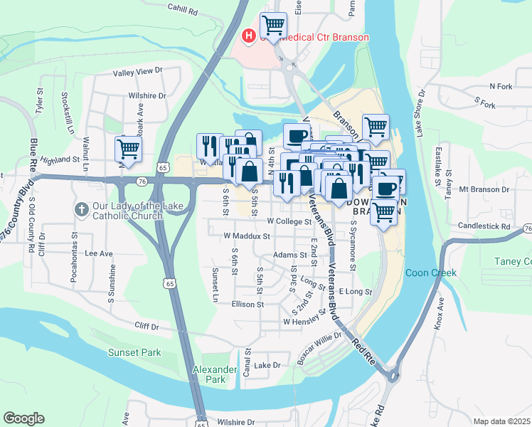 map of restaurants, bars, coffee shops, grocery stores, and more near 314 South 4th Street in Branson