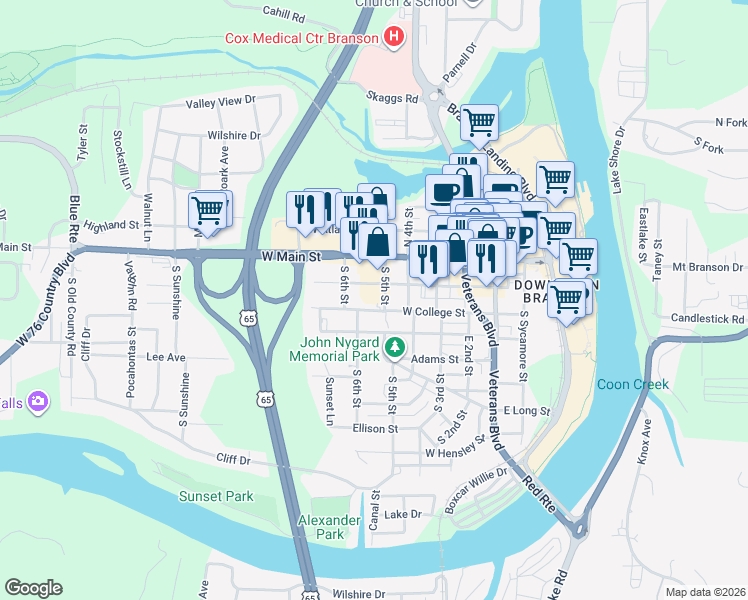 map of restaurants, bars, coffee shops, grocery stores, and more near 505 West College Street in Branson