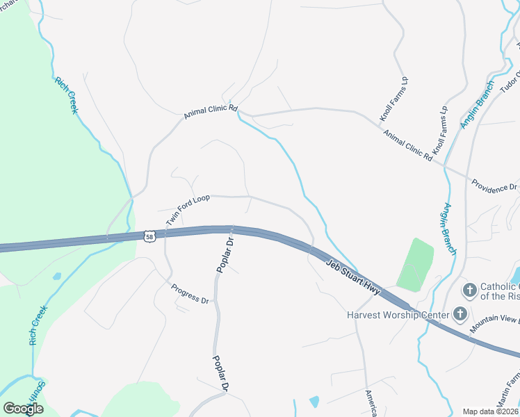 map of restaurants, bars, coffee shops, grocery stores, and more near Twin Ford Loop in Patrick Springs