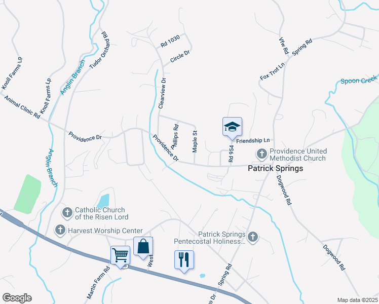 map of restaurants, bars, coffee shops, grocery stores, and more near 55 Maple Street in Patrick Springs