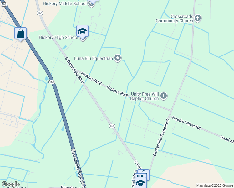 map of restaurants, bars, coffee shops, grocery stores, and more near 237 Hickory Road East in Chesapeake