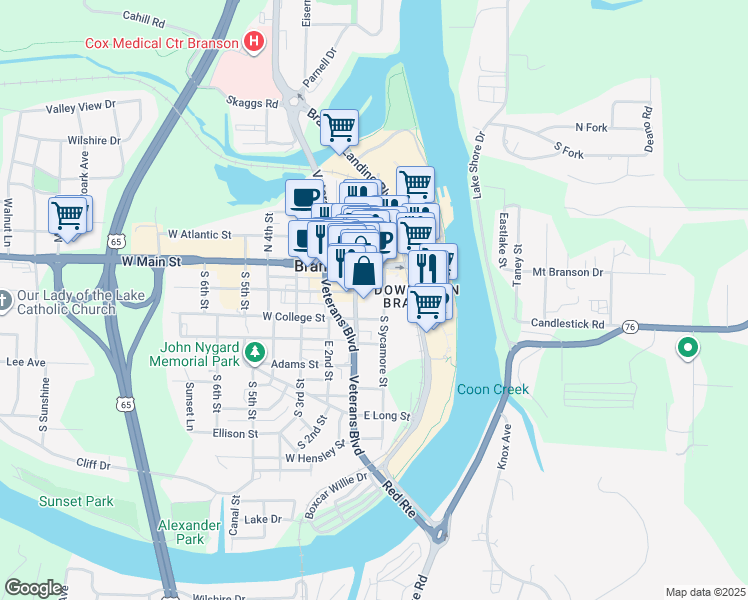 map of restaurants, bars, coffee shops, grocery stores, and more near 140 East Pacific Street in Branson