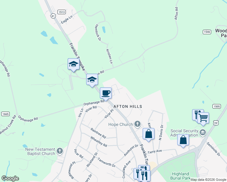 map of restaurants, bars, coffee shops, grocery stores, and more near 1300 Franklin Turnpike in Danville