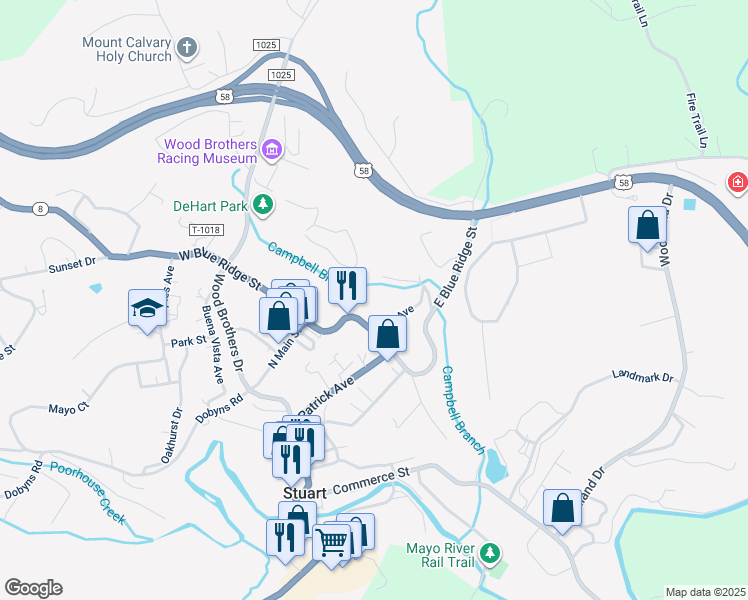 map of restaurants, bars, coffee shops, grocery stores, and more near 113 West Blue Ridge Street in Stuart