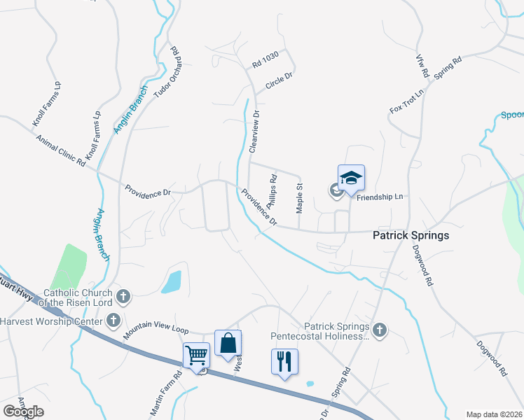map of restaurants, bars, coffee shops, grocery stores, and more near Providence Drive in Patrick Springs