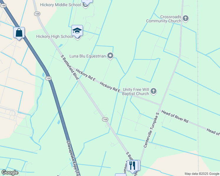 map of restaurants, bars, coffee shops, grocery stores, and more near 237 Hickory Road East in Chesapeake