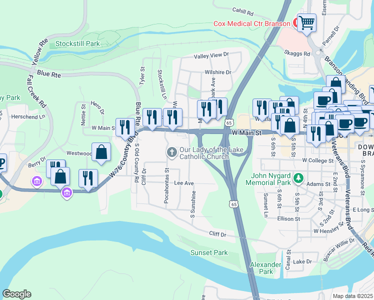 map of restaurants, bars, coffee shops, grocery stores, and more near 1004 Elm Street in Branson