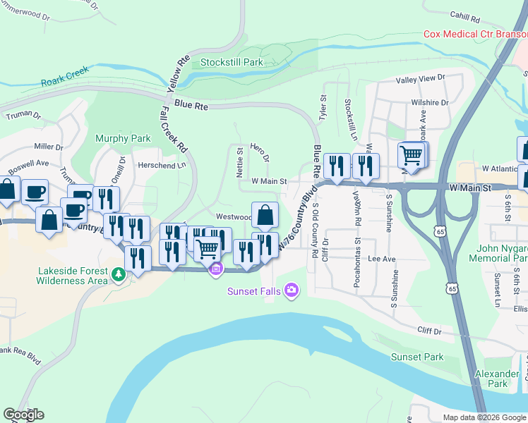 map of restaurants, bars, coffee shops, grocery stores, and more near 1209 Westwood Drive in Branson