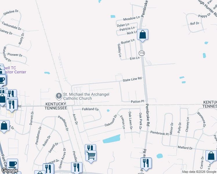 map of restaurants, bars, coffee shops, grocery stores, and more near 983 State Line Road in Oak Grove