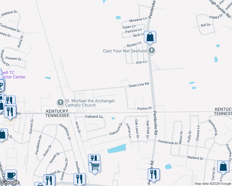 map of restaurants, bars, coffee shops, grocery stores, and more near 983 State Line Road in Oak Grove