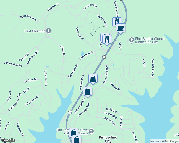 map of restaurants, bars, coffee shops, grocery stores, and more near 10 Cottage Hill Road in Kimberling City