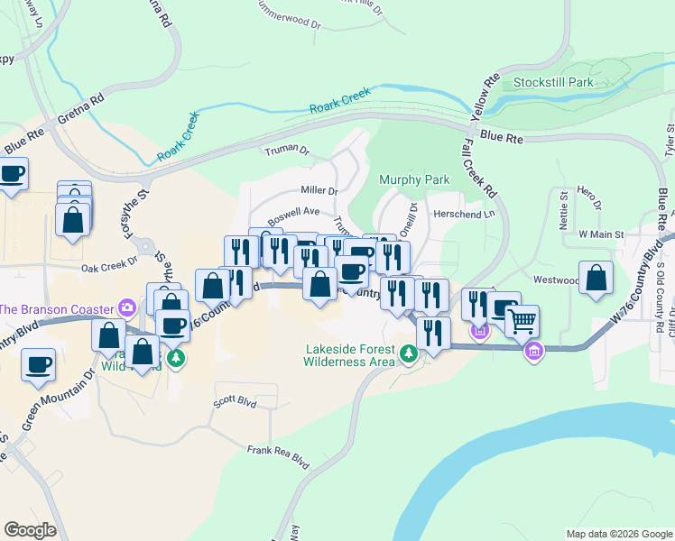 map of restaurants, bars, coffee shops, grocery stores, and more near 1707 Colonial Drive in Branson