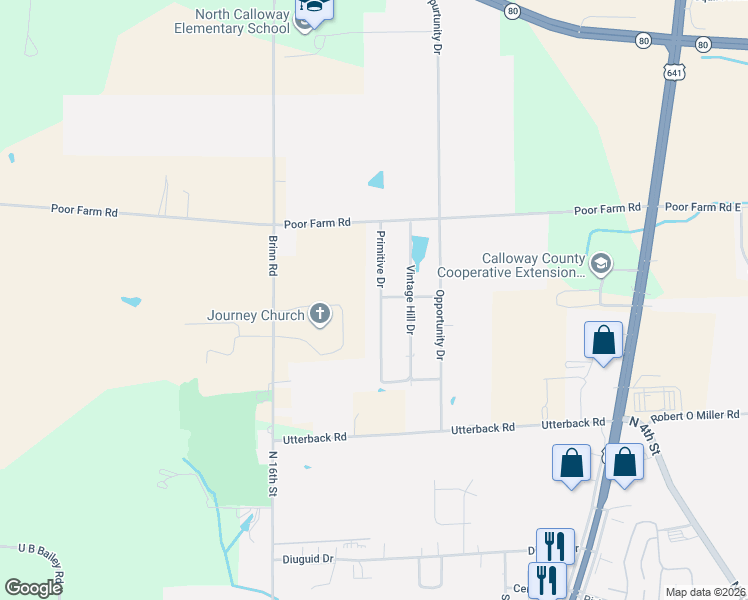 map of restaurants, bars, coffee shops, grocery stores, and more near 2123 Primitive Drive in Murray