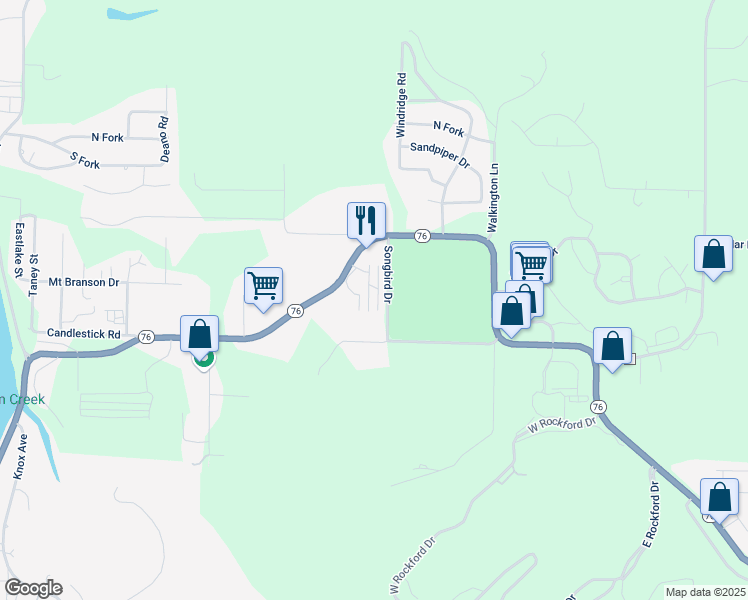 map of restaurants, bars, coffee shops, grocery stores, and more near 174 Knowledge Avenue in Branson