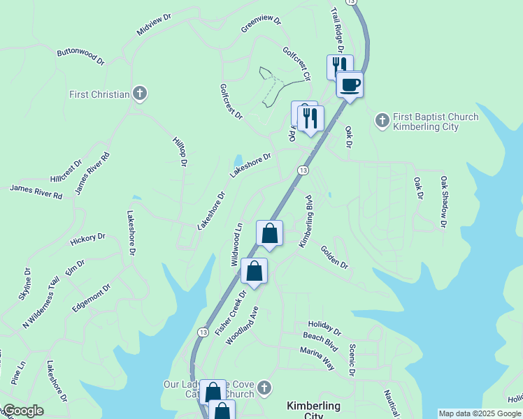 map of restaurants, bars, coffee shops, grocery stores, and more near 10 Cottage Hill Road in Kimberling City