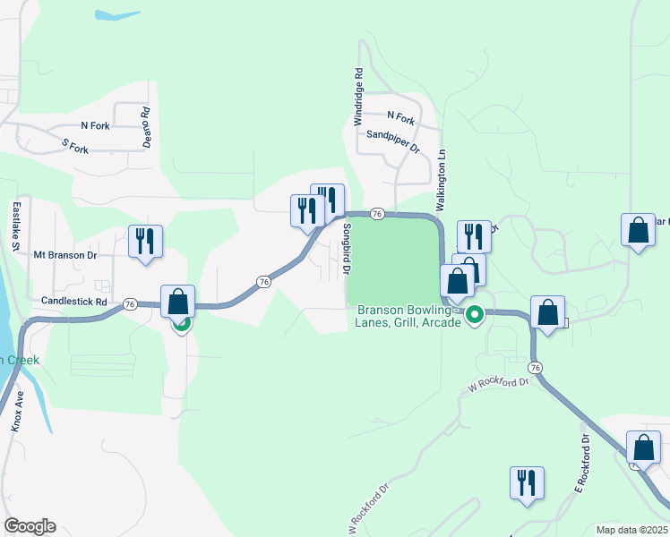 map of restaurants, bars, coffee shops, grocery stores, and more near 165 Knowledge Avenue in Kirbyville
