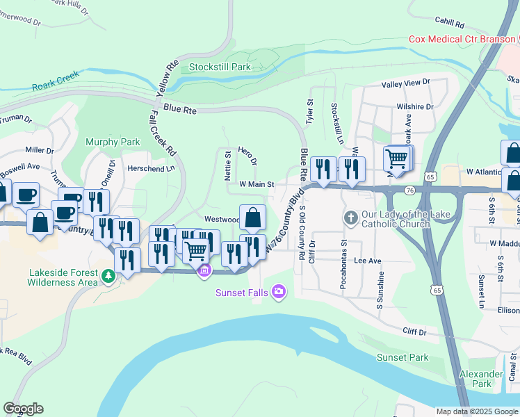 map of restaurants, bars, coffee shops, grocery stores, and more near 1209 Westwood Drive in Branson