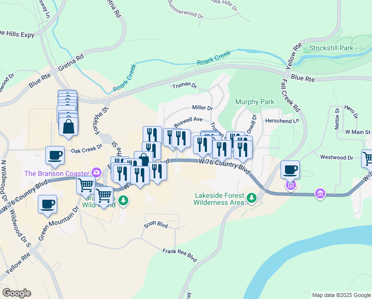 map of restaurants, bars, coffee shops, grocery stores, and more near 106 Doctor Good Drive in Branson