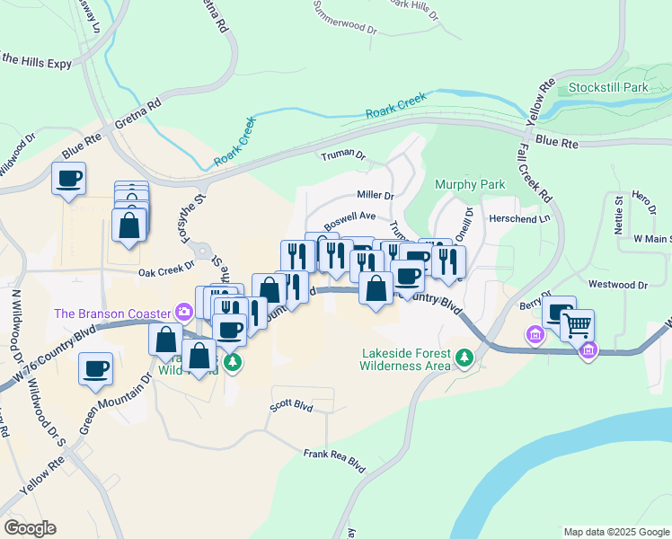 map of restaurants, bars, coffee shops, grocery stores, and more near 106 Doctor Good Drive in Branson