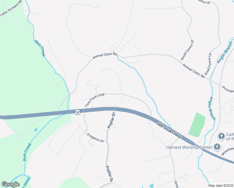 map of restaurants, bars, coffee shops, grocery stores, and more near Twin Ford Loop in Patrick Springs
