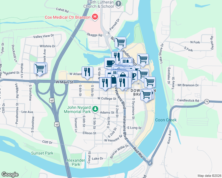 map of restaurants, bars, coffee shops, grocery stores, and more near 215 West Pacific Street in Branson
