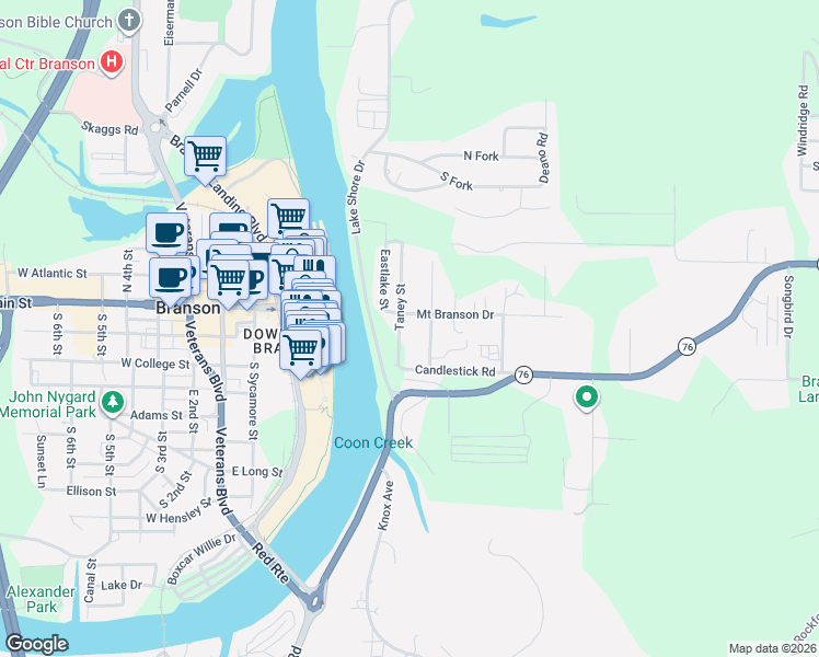 map of restaurants, bars, coffee shops, grocery stores, and more near 192 Taney Street in Branson