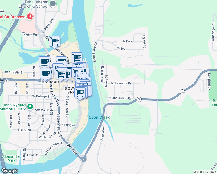 map of restaurants, bars, coffee shops, grocery stores, and more near 192 Taney Street in Branson