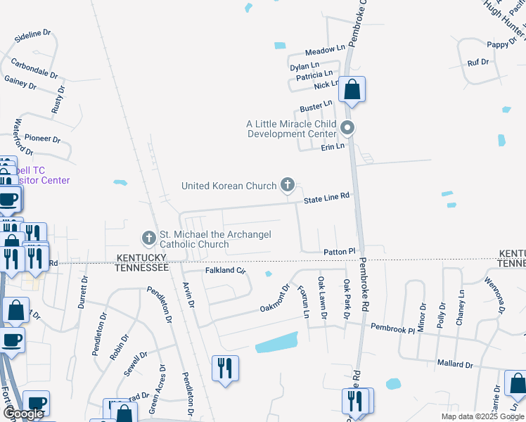 map of restaurants, bars, coffee shops, grocery stores, and more near 983 State Line Road in Oak Grove