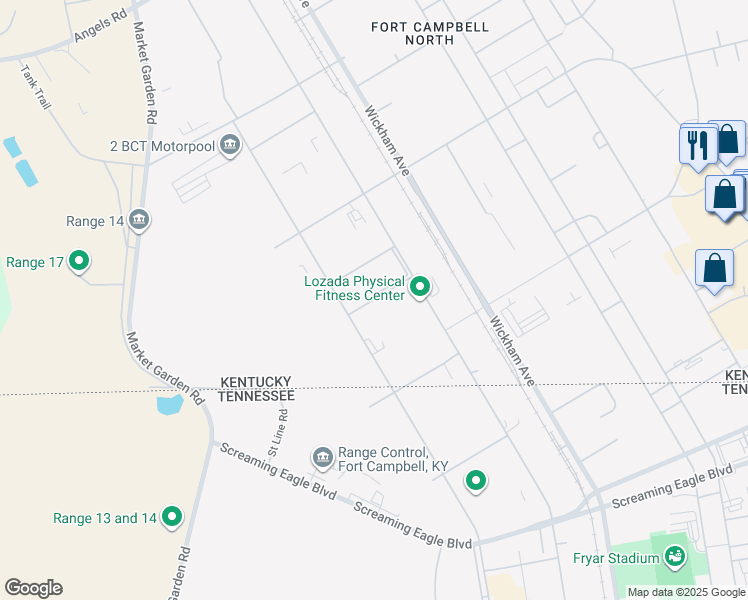 map of restaurants, bars, coffee shops, grocery stores, and more near 38th Street in Fort Campbell