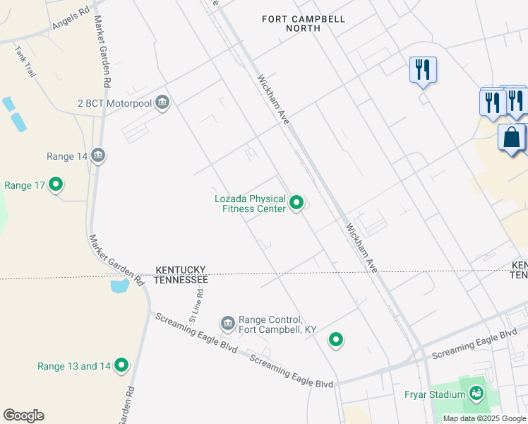 map of restaurants, bars, coffee shops, grocery stores, and more near 38th Street in Fort Campbell