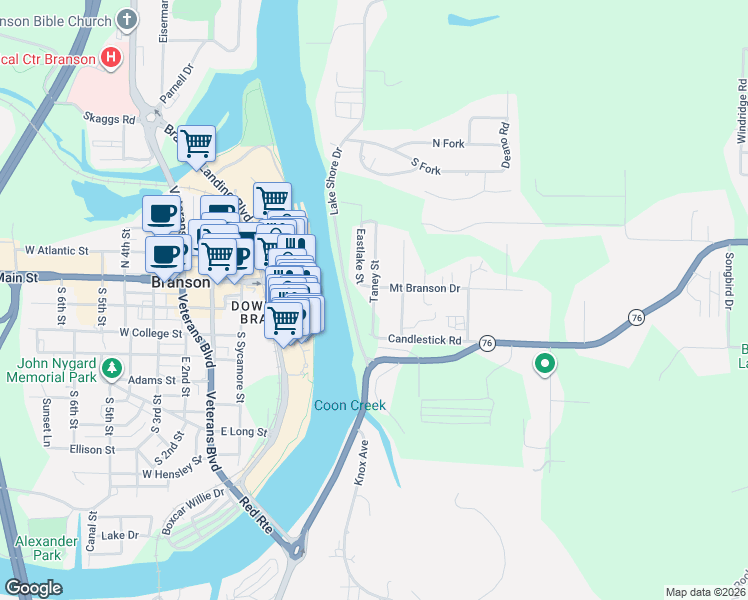 map of restaurants, bars, coffee shops, grocery stores, and more near 192 Taney Street in Branson
