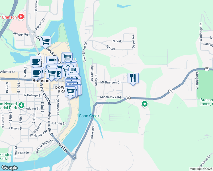 map of restaurants, bars, coffee shops, grocery stores, and more near 184 Como Avenue in Branson