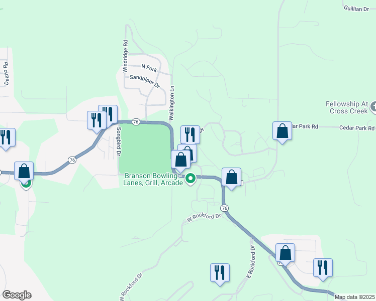 map of restaurants, bars, coffee shops, grocery stores, and more near 225 Cross Creek Boulevard in Branson