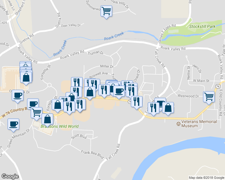 map of restaurants, bars, coffee shops, grocery stores, and more near 1709 Colonial Drive in Branson