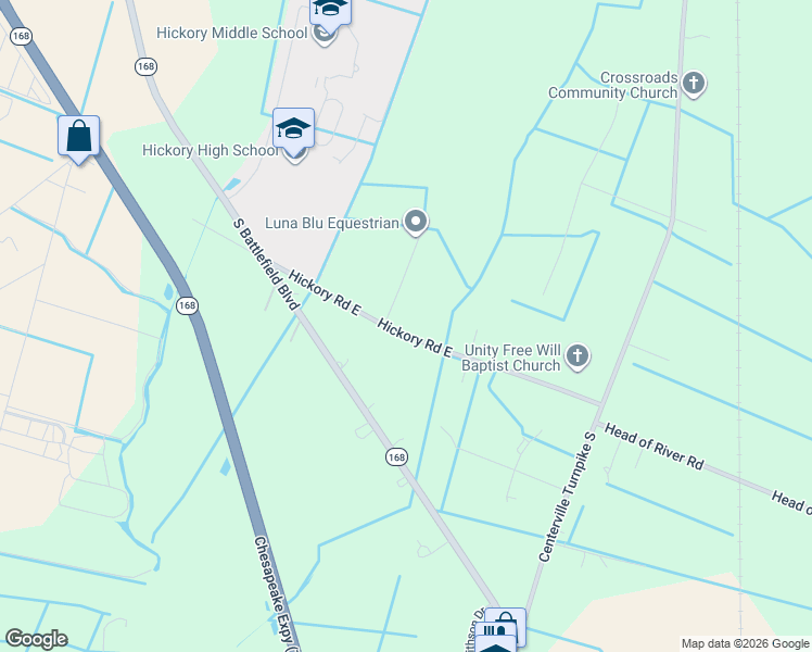 map of restaurants, bars, coffee shops, grocery stores, and more near 232 Hickory Road East in Chesapeake