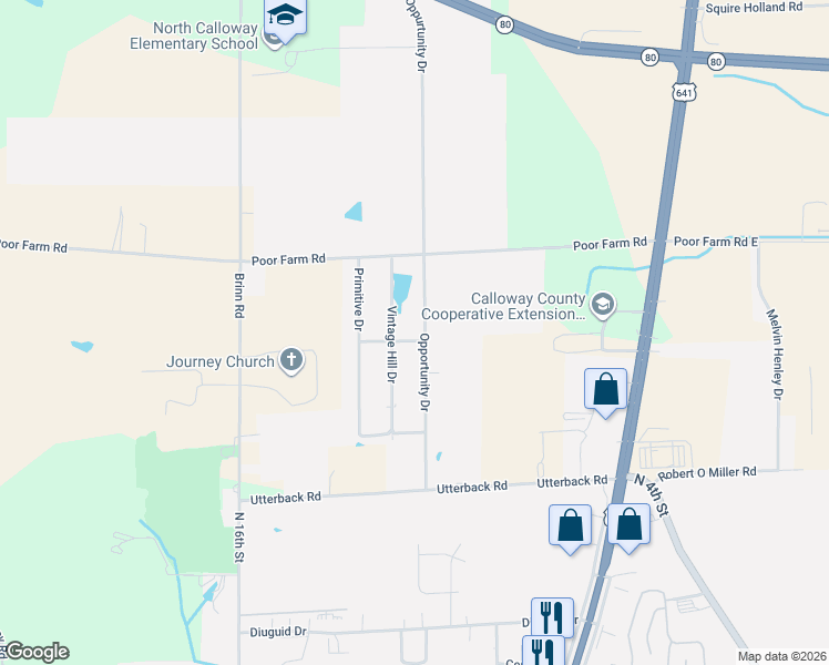 map of restaurants, bars, coffee shops, grocery stores, and more near Opportunity Drive in Murray