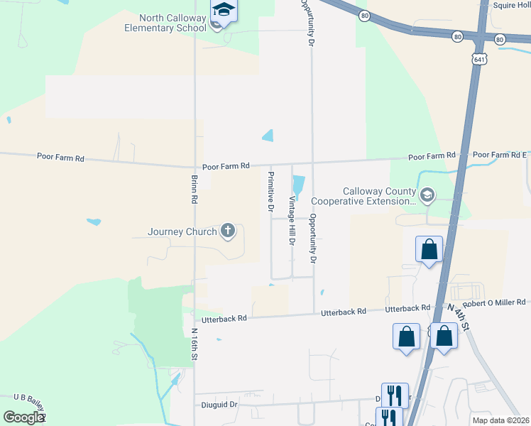 map of restaurants, bars, coffee shops, grocery stores, and more near 2123 Primitive Drive in Murray