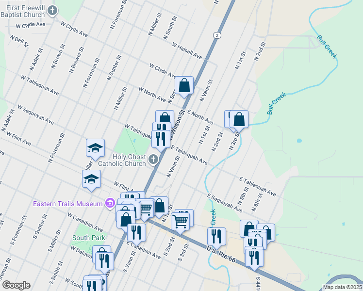 map of restaurants, bars, coffee shops, grocery stores, and more near 125 East Tahlequah Avenue in Vinita