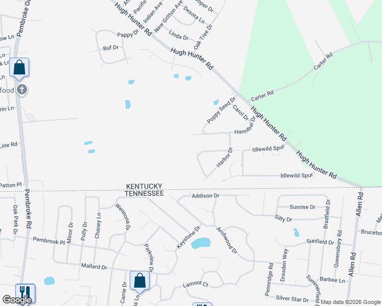 map of restaurants, bars, coffee shops, grocery stores, and more near 1945 Timberline Circle in Oak Grove