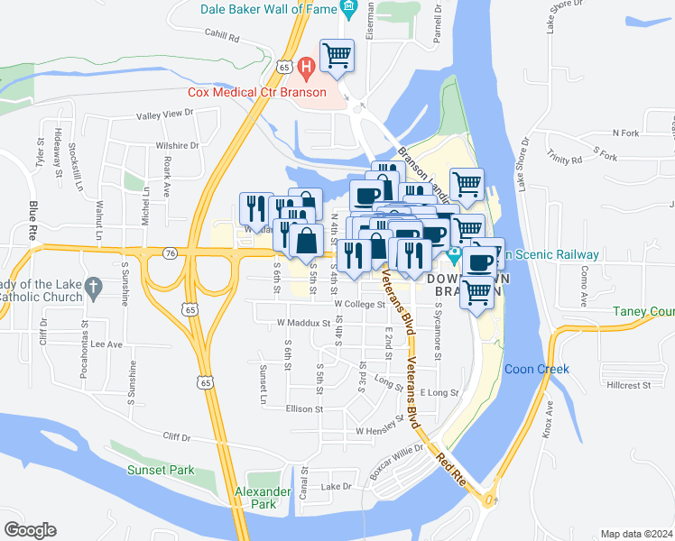 map of restaurants, bars, coffee shops, grocery stores, and more near 116 South 4th Street in Branson