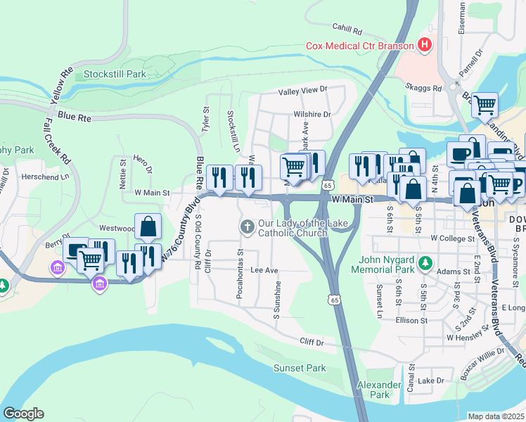 map of restaurants, bars, coffee shops, grocery stores, and more near 1004 Elm Street in Branson