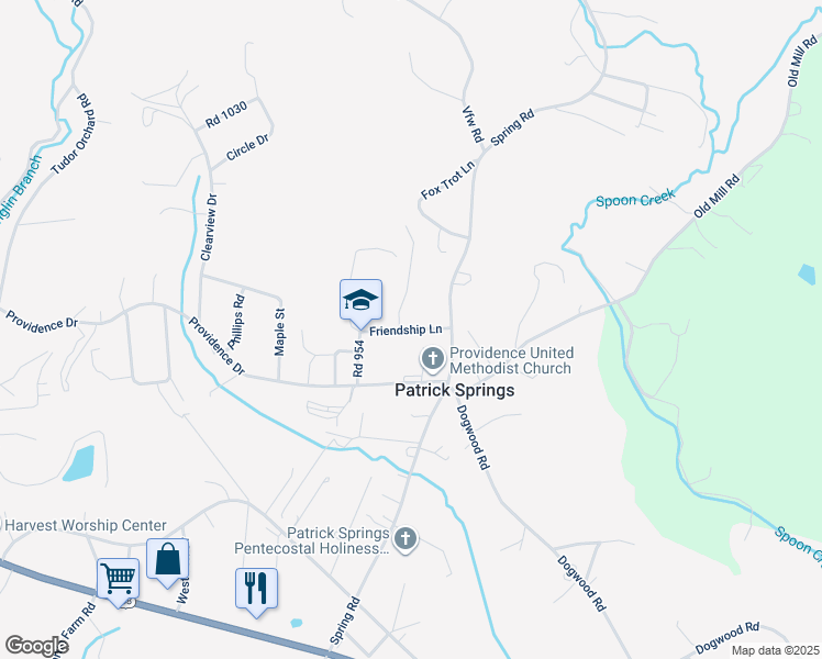 map of restaurants, bars, coffee shops, grocery stores, and more near Friendship Lane in Patrick Springs