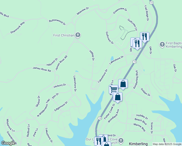map of restaurants, bars, coffee shops, grocery stores, and more near 12 West Valley View Drive in Kimberling City