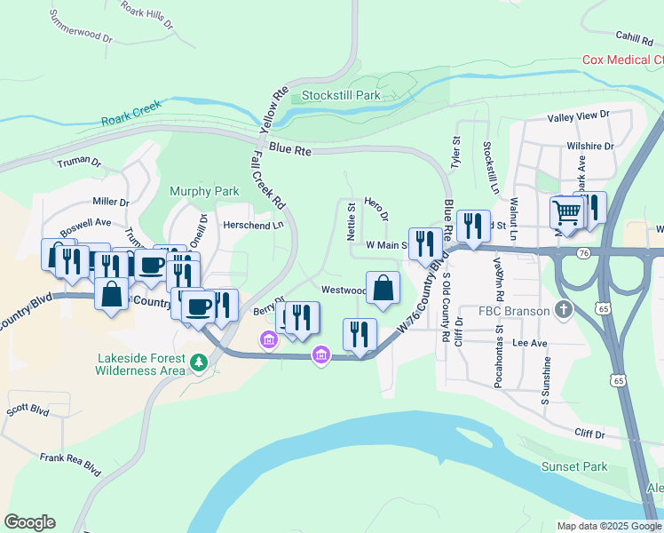 map of restaurants, bars, coffee shops, grocery stores, and more near 105 Blackner Street in Branson